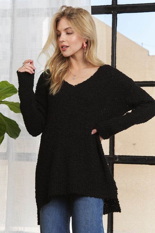 ADORA High-Low Side Slit V-Neck Sweater for a perfect OOTD – dress to impress outfits from Amexza