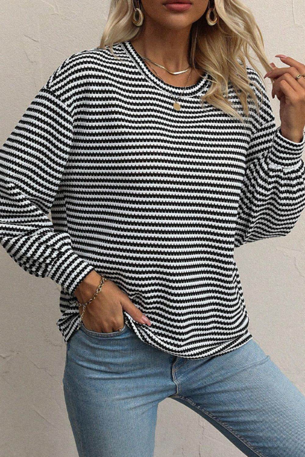 Striped Round Neck Long Sleeve Top for a perfect OOTD – dress to impress outfits from Amexza