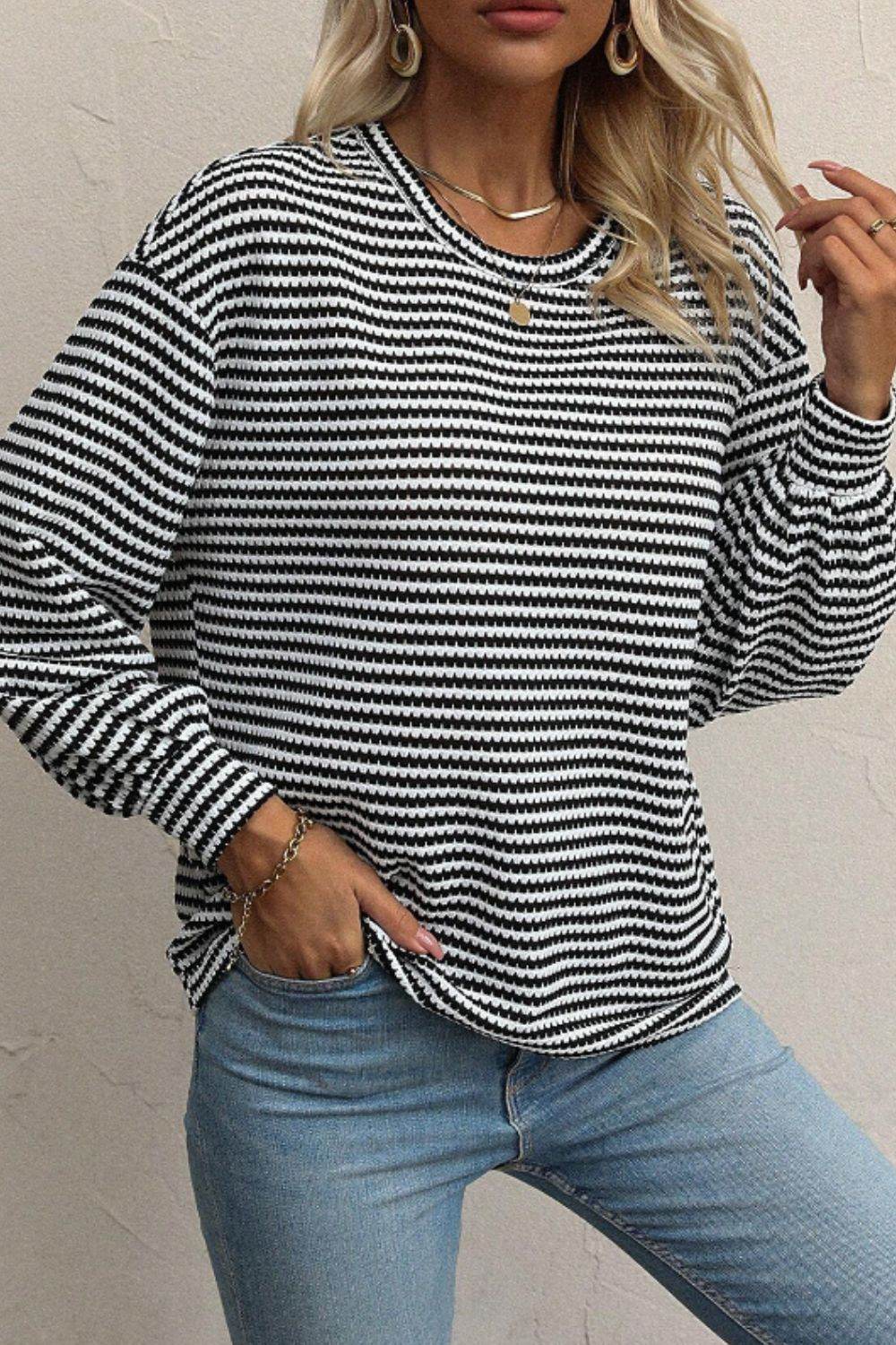 Striped Round Neck Long Sleeve Top - Amexza