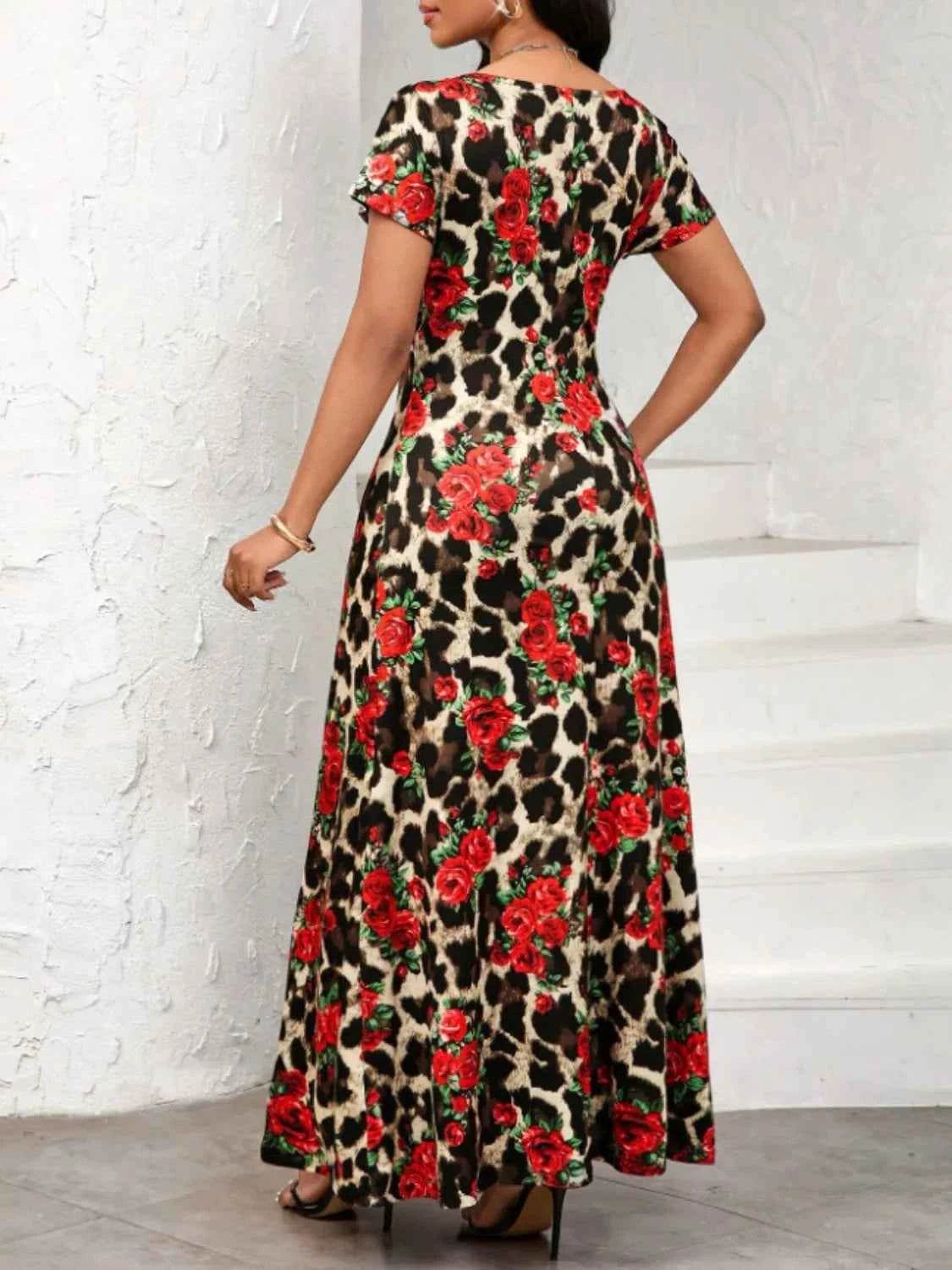 Printed Round Neck Short Sleeve Maxi Tee Dress for a perfect OOTD – dress to impress outfits from Amexza