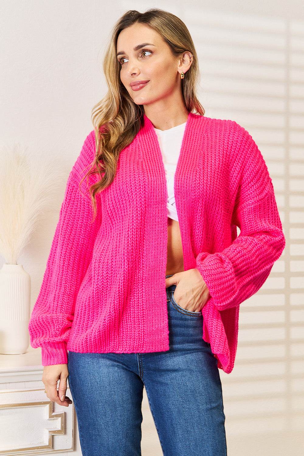 Woven Right Rib-Knit Open Front Drop Shoulder Cardigan Hot Pink for a perfect OOTD – dress to impress outfits from Amexza