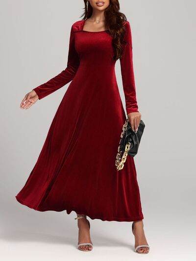 Square Neck Long Sleeve Velvet Dress Deep Red for a perfect OOTD – dress to impress outfits from Amexza