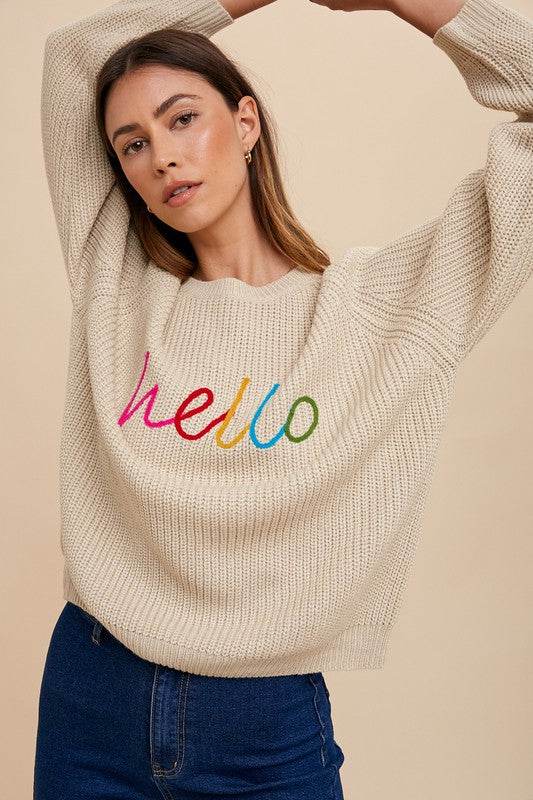 Annie Wear HELLO Embroidered Raglan Sleeve Sweater Oatmeal for a perfect OOTD – dress to impress outfits from Amexza