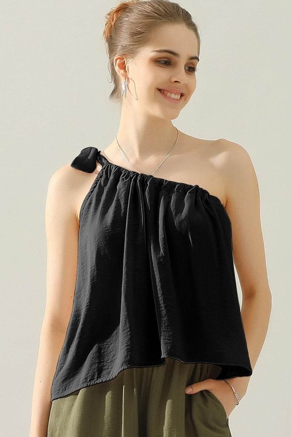 Ninexis One Shoulder Bow Tie Strap Satin Silk Top Black for a perfect OOTD – dress to impress outfits from Amexza