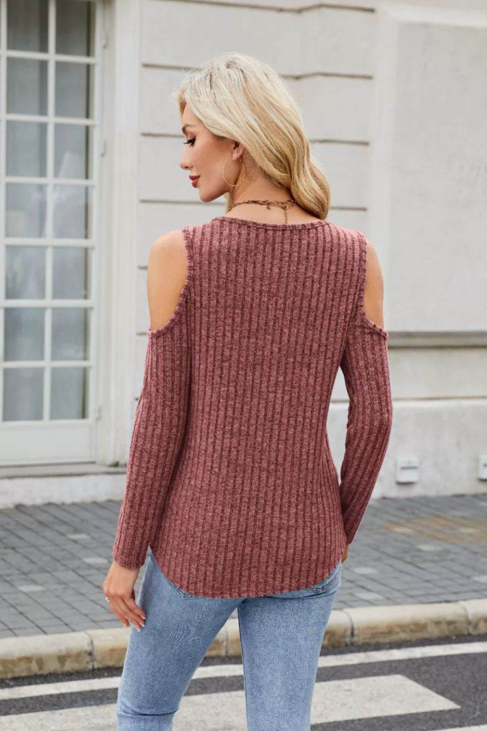 Ribbed Cold Shoulder Long Sleeve Top - Amexza