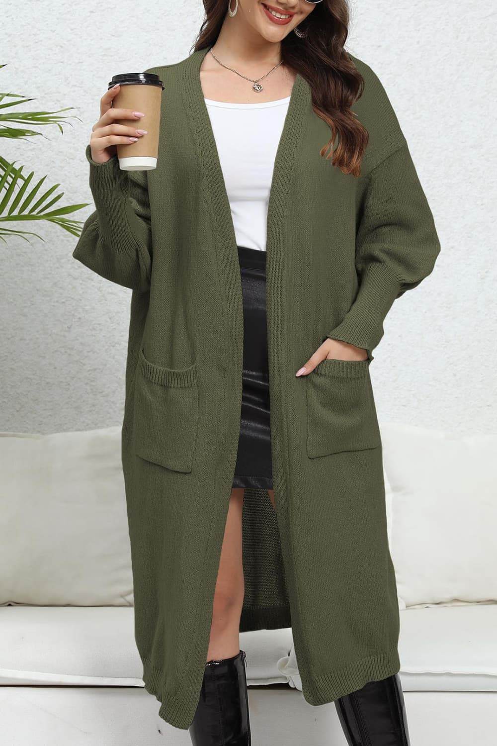 Open Front Dropped Shoulder Cardigan Army Green One Size for a perfect OOTD – dress to impress outfits from Amexza