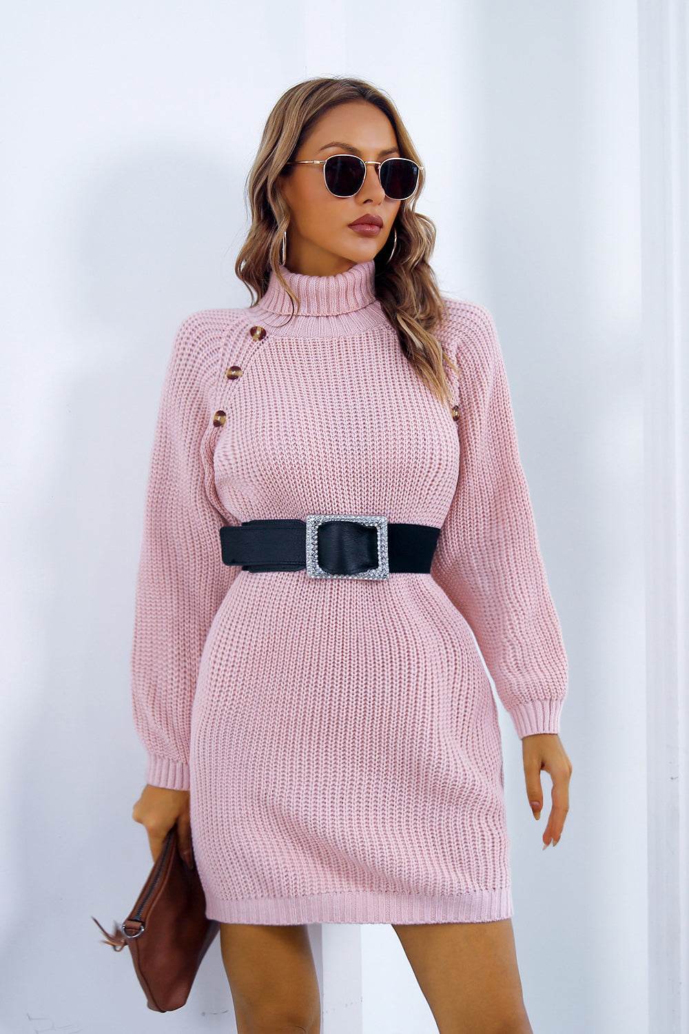 Buttoned Turtleneck Long Sleeve Sweater Dress for a perfect OOTD – dress to impress outfits from Amexza