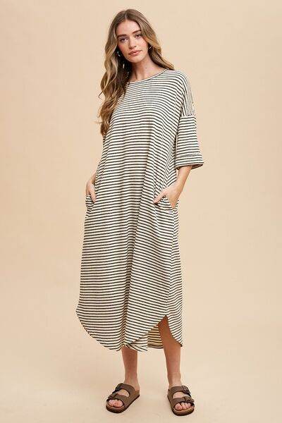 Annie Wear Striped Round Neck Terry Midi Dress Black for a perfect OOTD – dress to impress outfits from Amexza