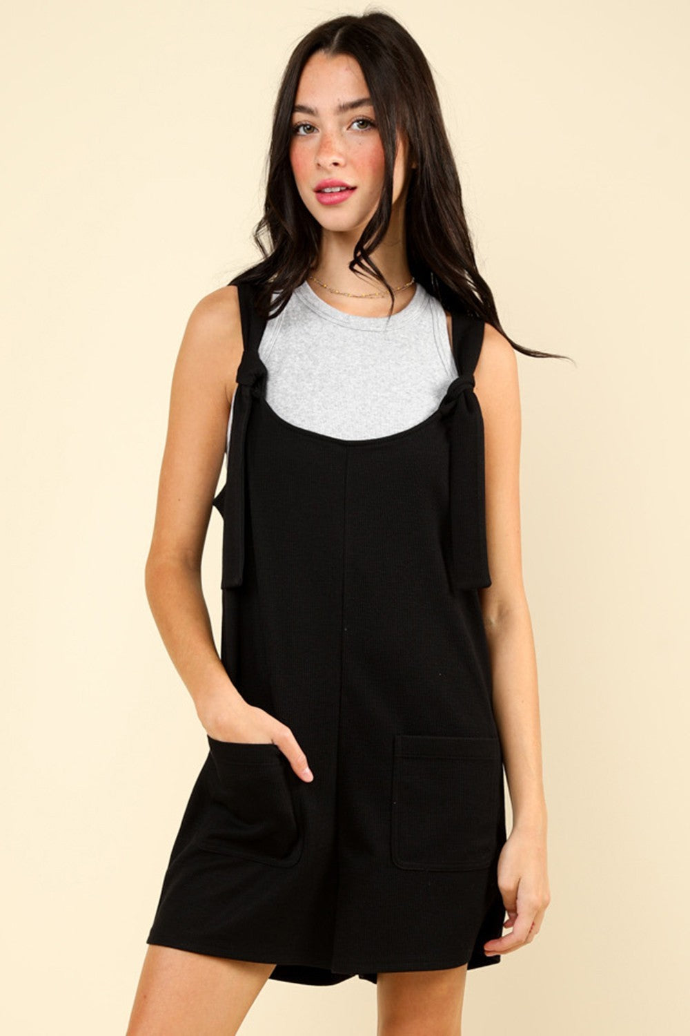 VERY J Tie Shoulder Front Pocket Romper Black for a perfect OOTD – dress to impress outfits from Amexza