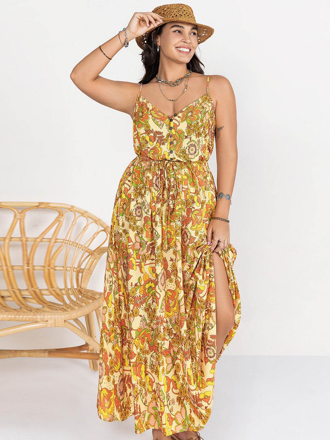 Plus Size Printed V-Neck Maxi Cami Dress - Amexza