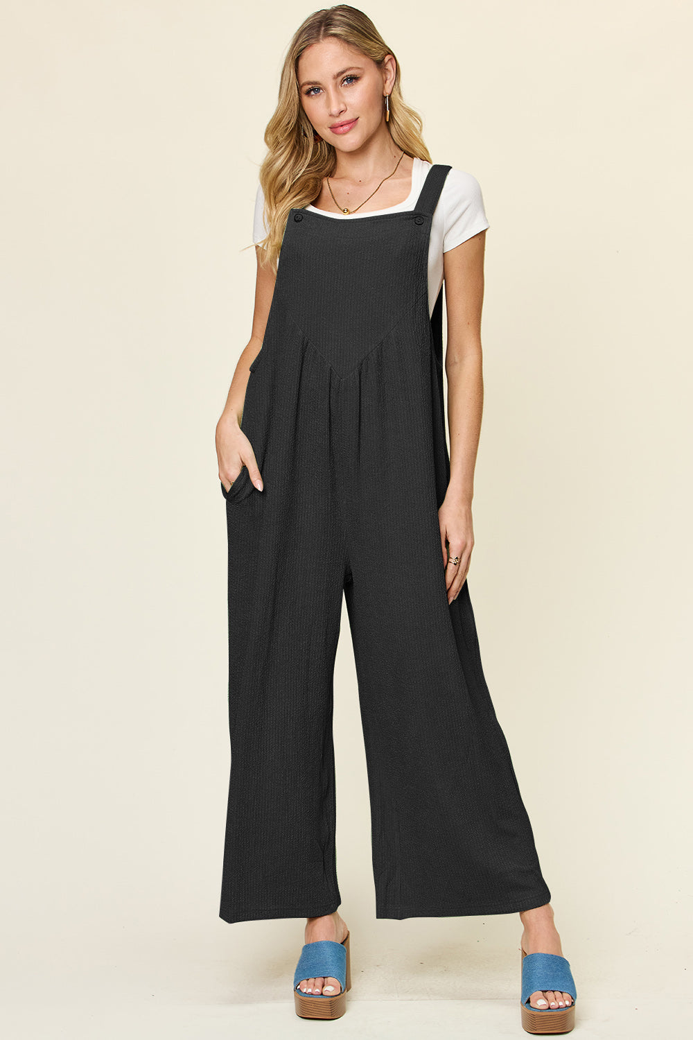 Double Take Full Size Texture Sleeveless Wide Leg Overall Black for a perfect OOTD – dress to impress outfits from Amexza