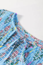 Smocked Floral Print Tie Neck Blouse - Amexza
