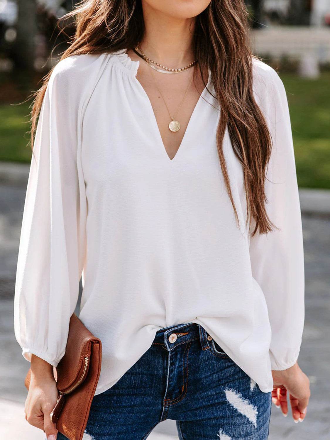 Notched Neck Long Sleeve Blouse White for a perfect OOTD – dress to impress outfits from Amexza