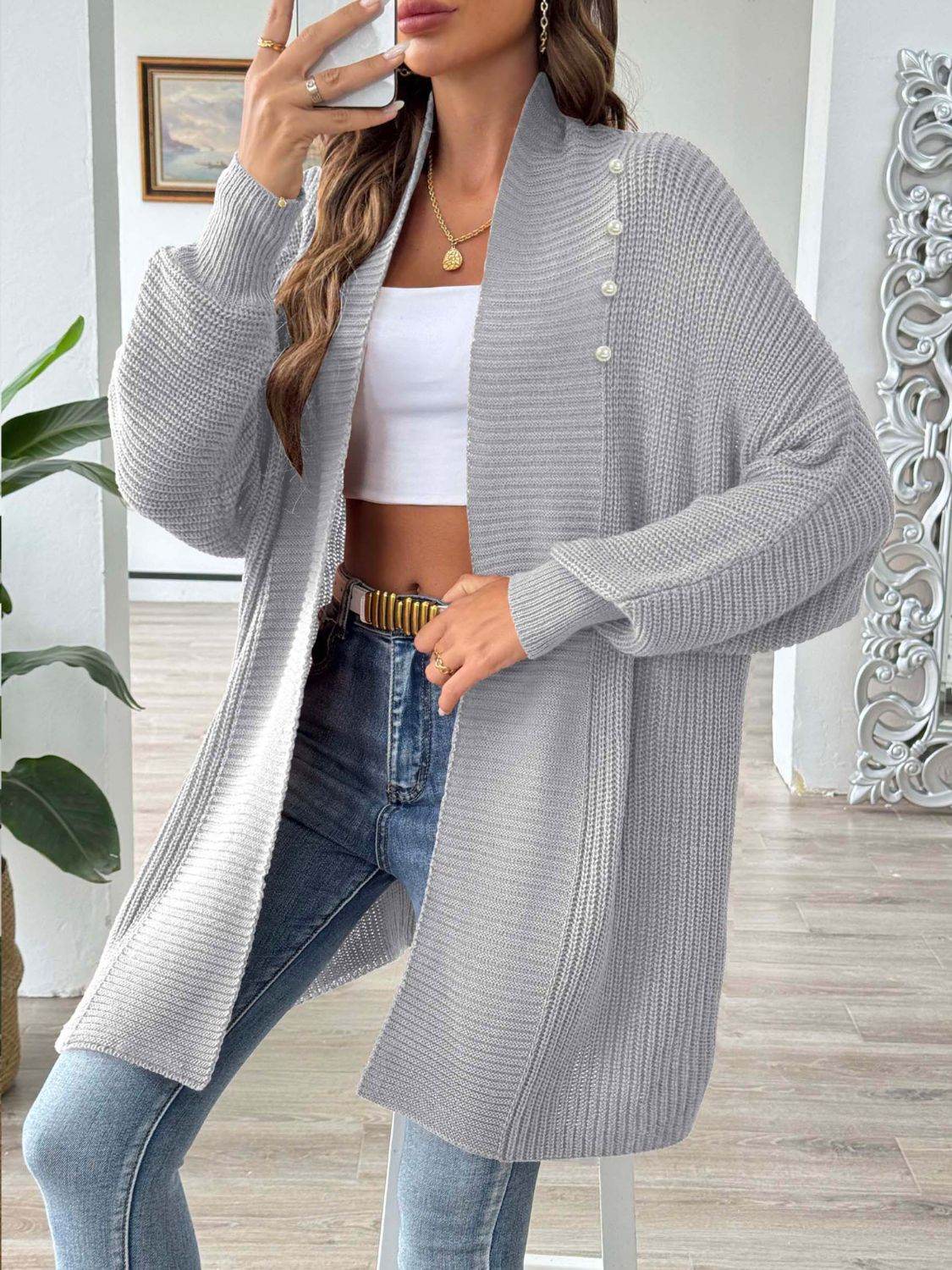 Open Front Long Sleeve Cardigan Gray One Size for a perfect OOTD – dress to impress outfits from Amexza