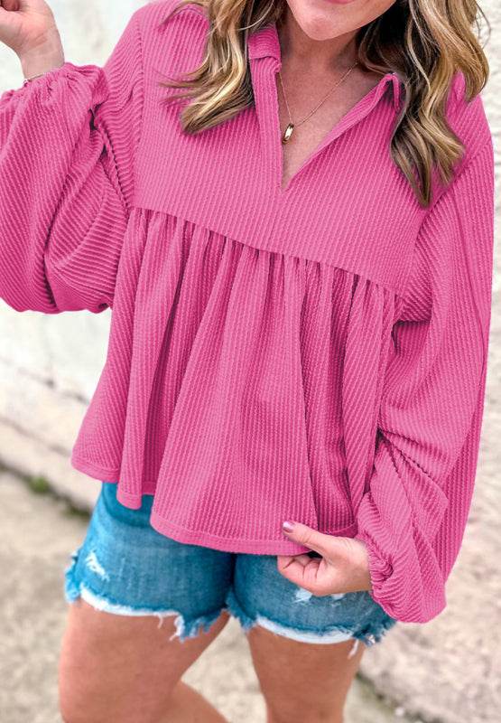 Corded Johnny Collar Long Sleeve Babydoll Blouse for a perfect OOTD – dress to impress outfits from Amexza