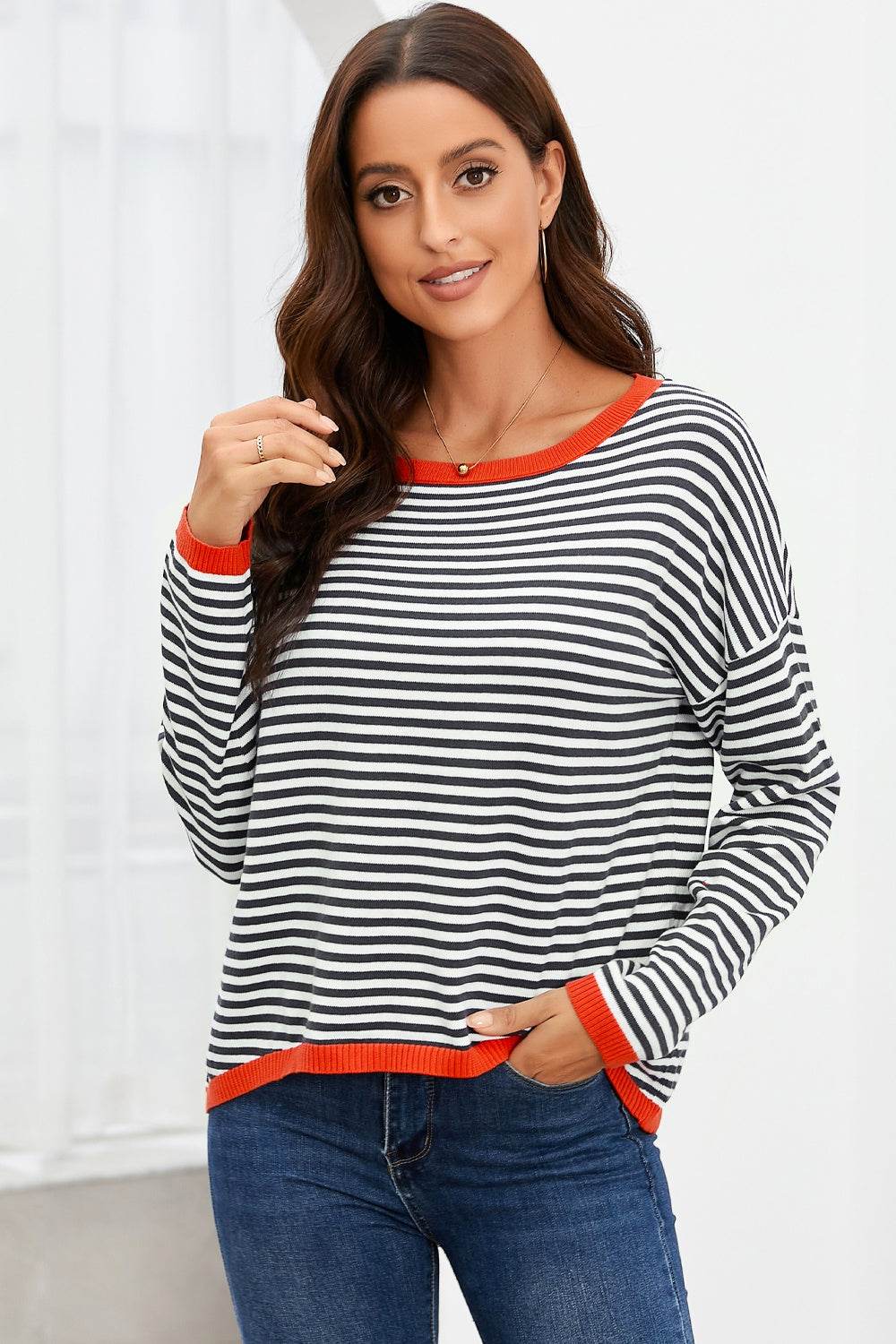 Striped Round Neck Drop Shoulder T-Shirt Stripe for a perfect OOTD – dress to impress outfits from Amexza