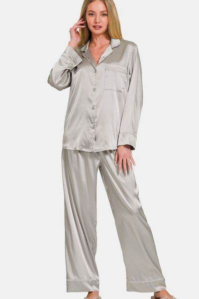 Zenana Satin Long Sleeve Shirt and Pants Pajama Set for a perfect OOTD – dress to impress outfits from Amexza