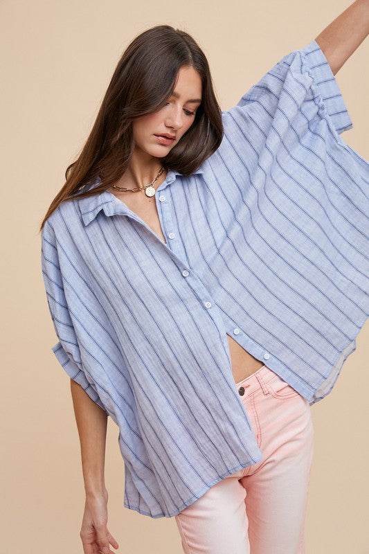 Annie Wear Striped Button Up Half Sleeve Shirt Lt Blue for a perfect OOTD – dress to impress outfits from Amexza