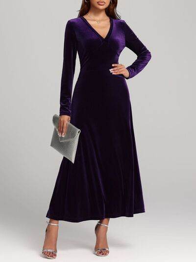 V-Neck Long Sleeve Velvet Dress Violet for a perfect OOTD – dress to impress outfits from Amexza