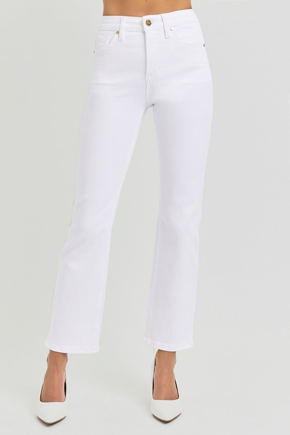 RISEN Full Size Tummy Control Elastic Band High Rise Crop Straight Jeans - White / 0(24)