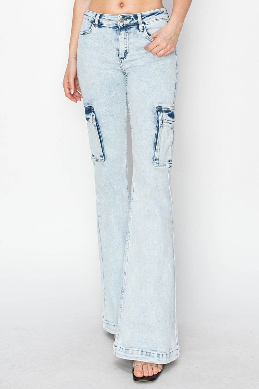 RISEN Full Size High Rise Cargo Flare Jeans - Amexza