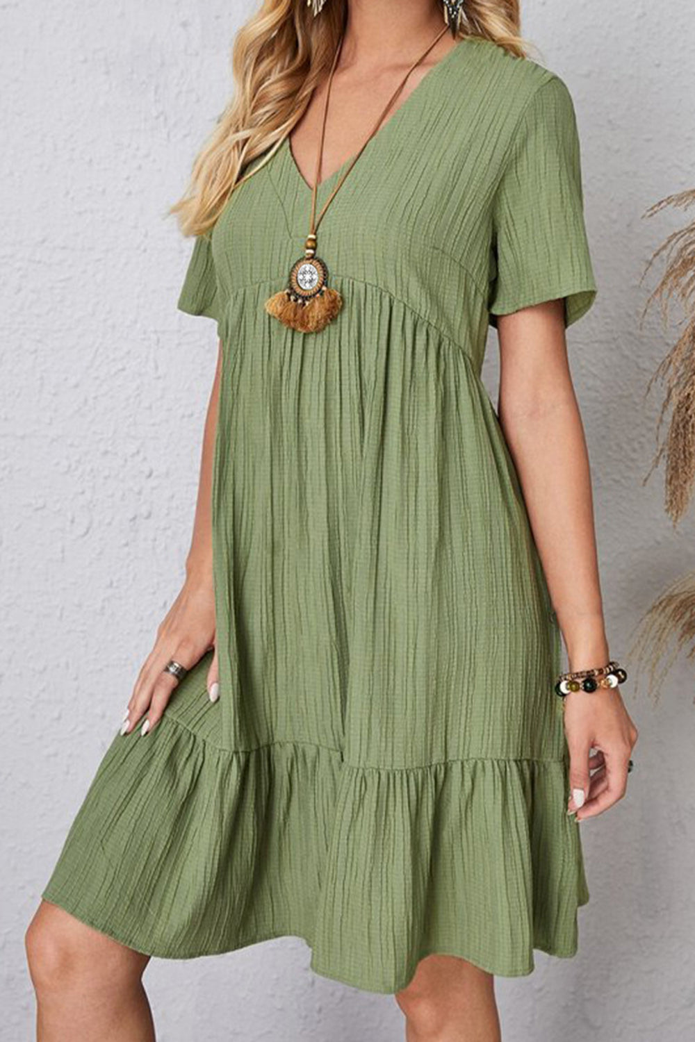 Full Size Ruched V-Neck Short Sleeve Dress - Matcha Green / S