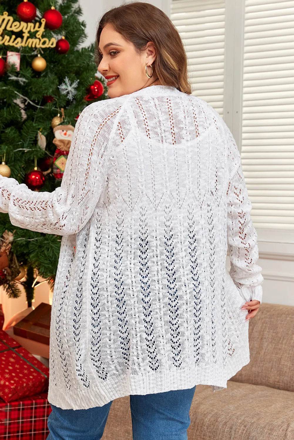 Plus Size Openwork Open Front Long Sleeve Cardigan for a perfect OOTD – dress to impress outfits from Amexza