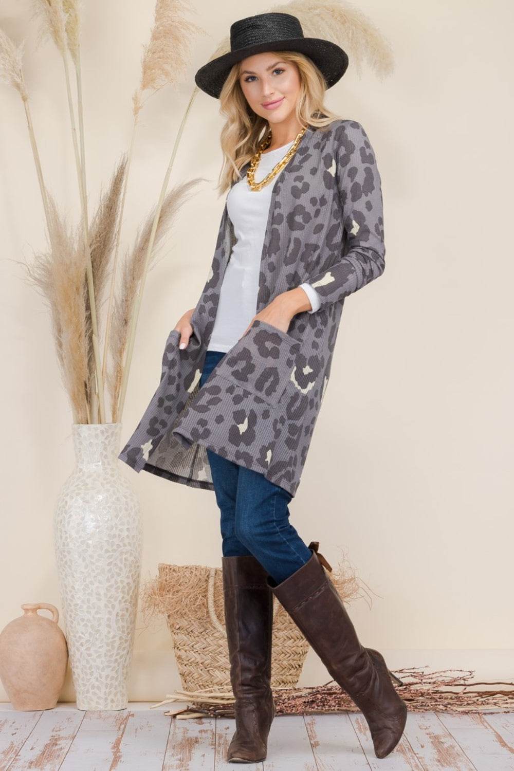 Celeste Full Size Leopard Open Front Contrast Cardigan for a perfect OOTD – dress to impress outfits from Amexza