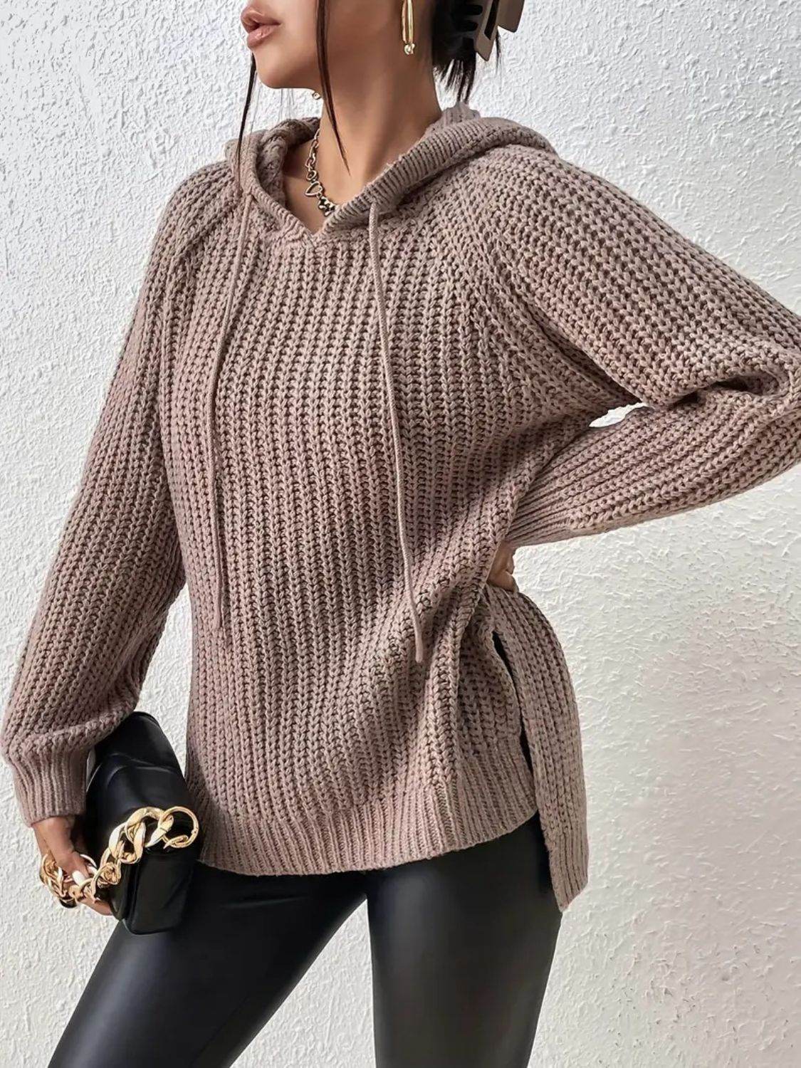High-Low Side Slit Drawstring Long Sleeve Hooded Sweater Mocha One Size for a perfect OOTD – dress to impress outfits from Amexza