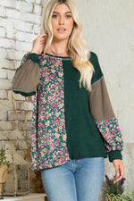 Celeste Full Size Floral Color Block Exposed Seam T-Shirt Hunter Green for a perfect OOTD – dress to impress outfits from Amexza