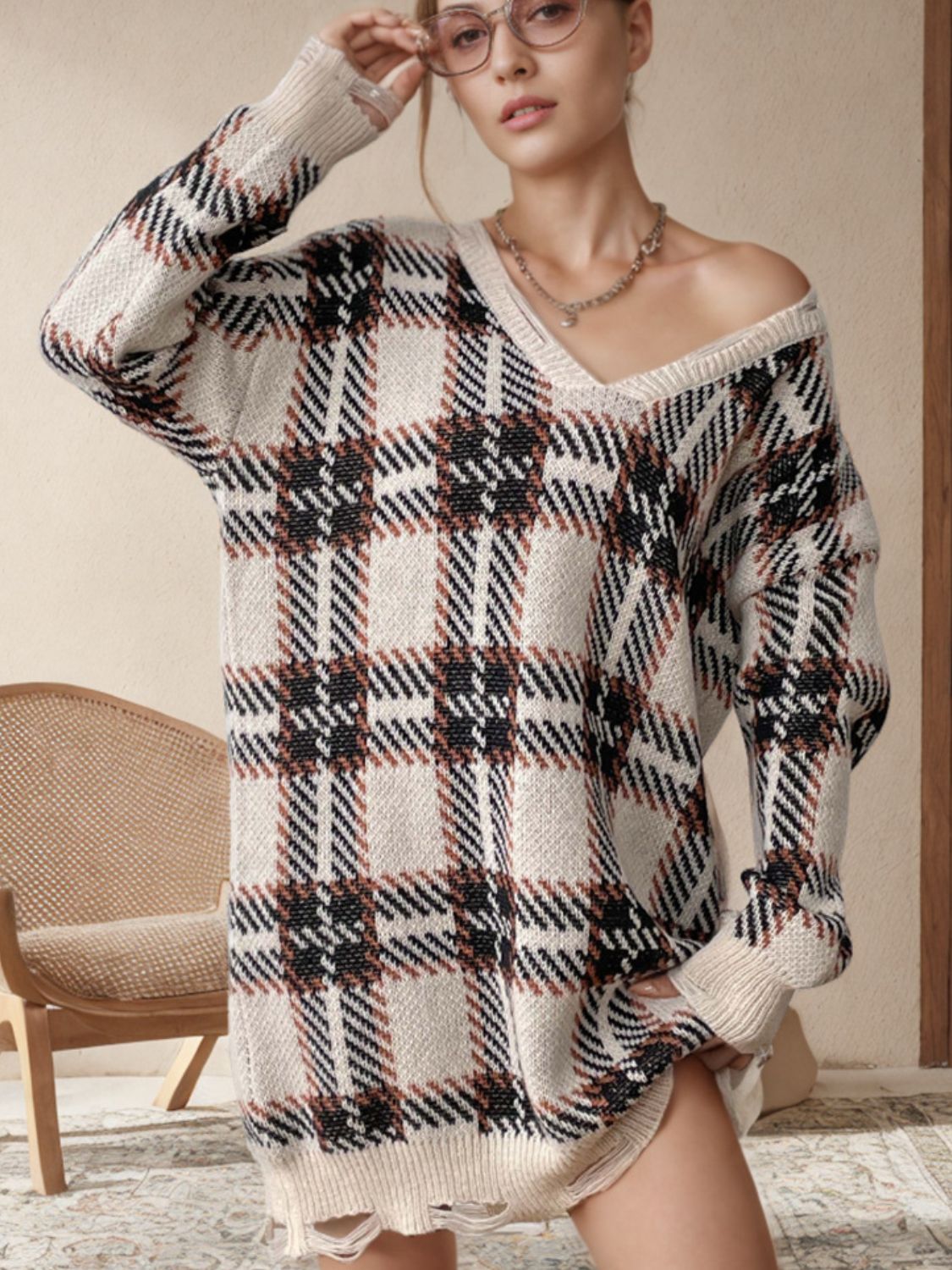 Distressed Plaid V-Neck Long Sleeve Sweater Dress Tan One Size for a perfect OOTD – dress to impress outfits from Amexza