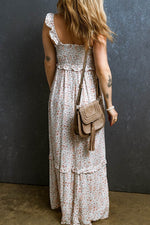 Ruffled Smocked Printed Sleeveless Maxi Dress - Amexza