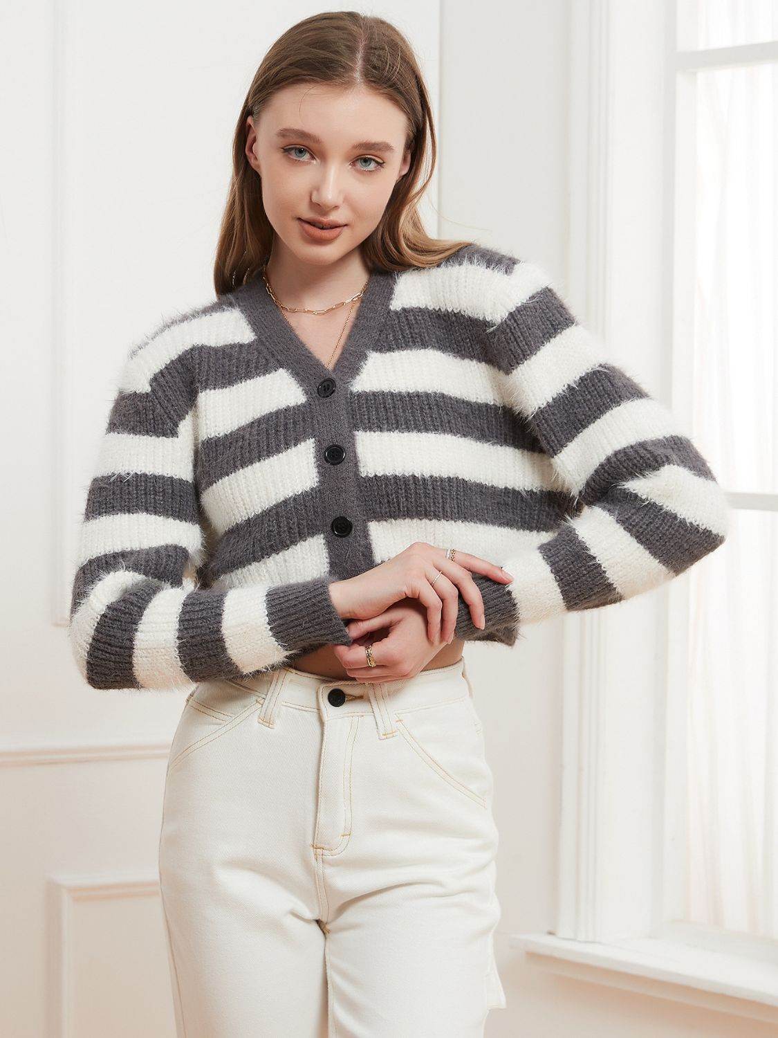 Button Down V-Neck Striped Cardigan - Amexza