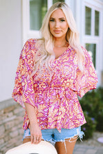 Floral V-Neck Tie Front Ruffled Blouse - Amexza