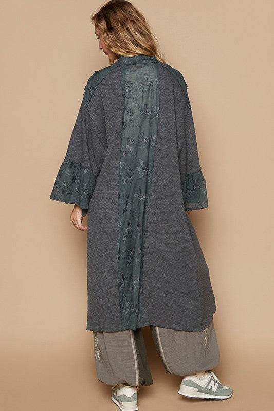 POL Flower Lace Trim Open Front Longline Cardigan for a perfect OOTD – dress to impress outfits from Amexza