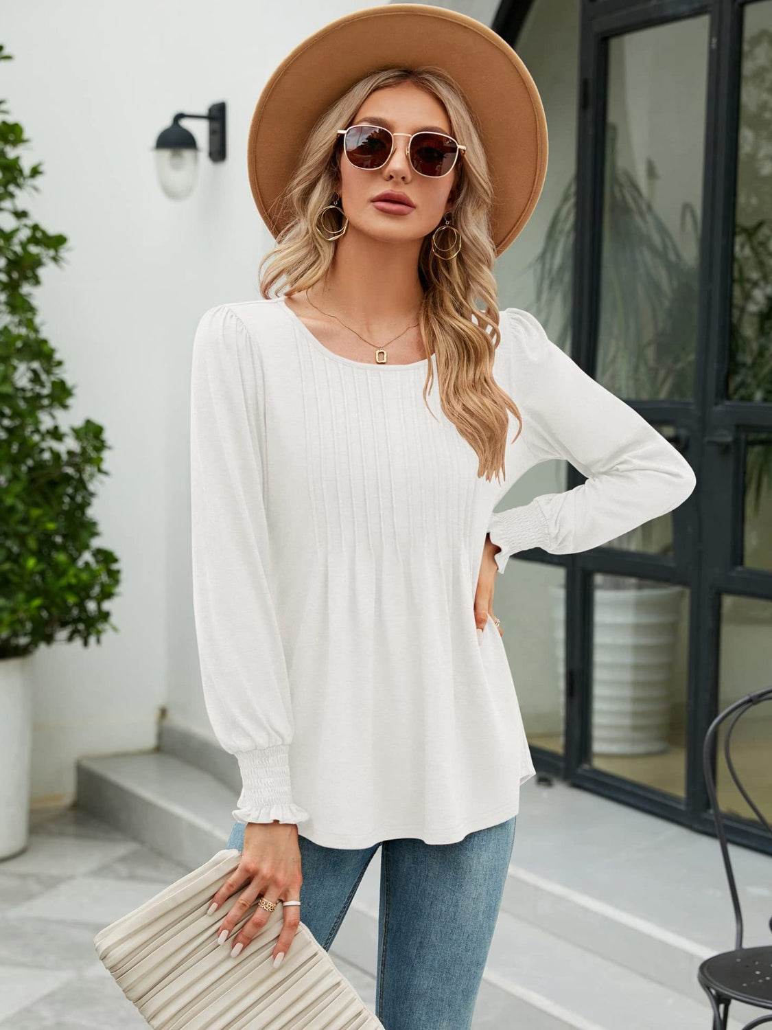 Smocked Round Neck Lantern Sleeve Blouse - Amexza