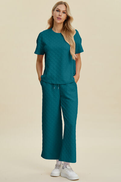 Double Take Full Size Texture Round Neck Short Sleeve Top and Pants Set Cerulean for a perfect OOTD – dress to impress outfits from Amexza