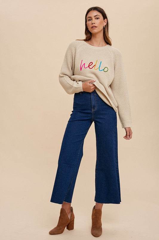 Annie Wear HELLO Embroidered Raglan Sleeve Sweater - Amexza