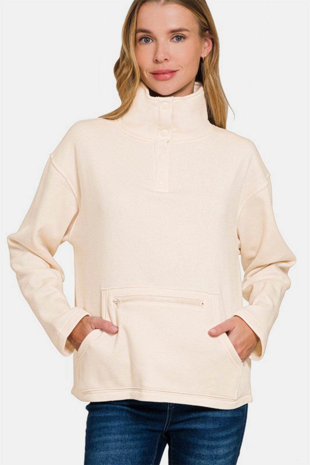 Zenana Turtleneck Half Snap Fleece Sweatshirt Cream for a perfect OOTD – dress to impress outfits from Amexza