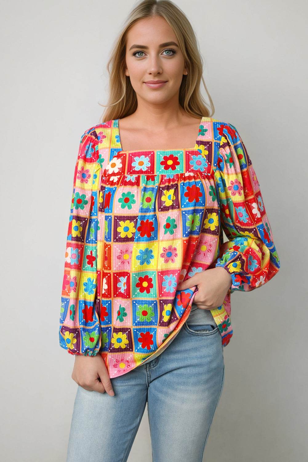 Printed Square Neck Balloon Sleeve Top Multicolor for a perfect OOTD – dress to impress outfits from Amexza