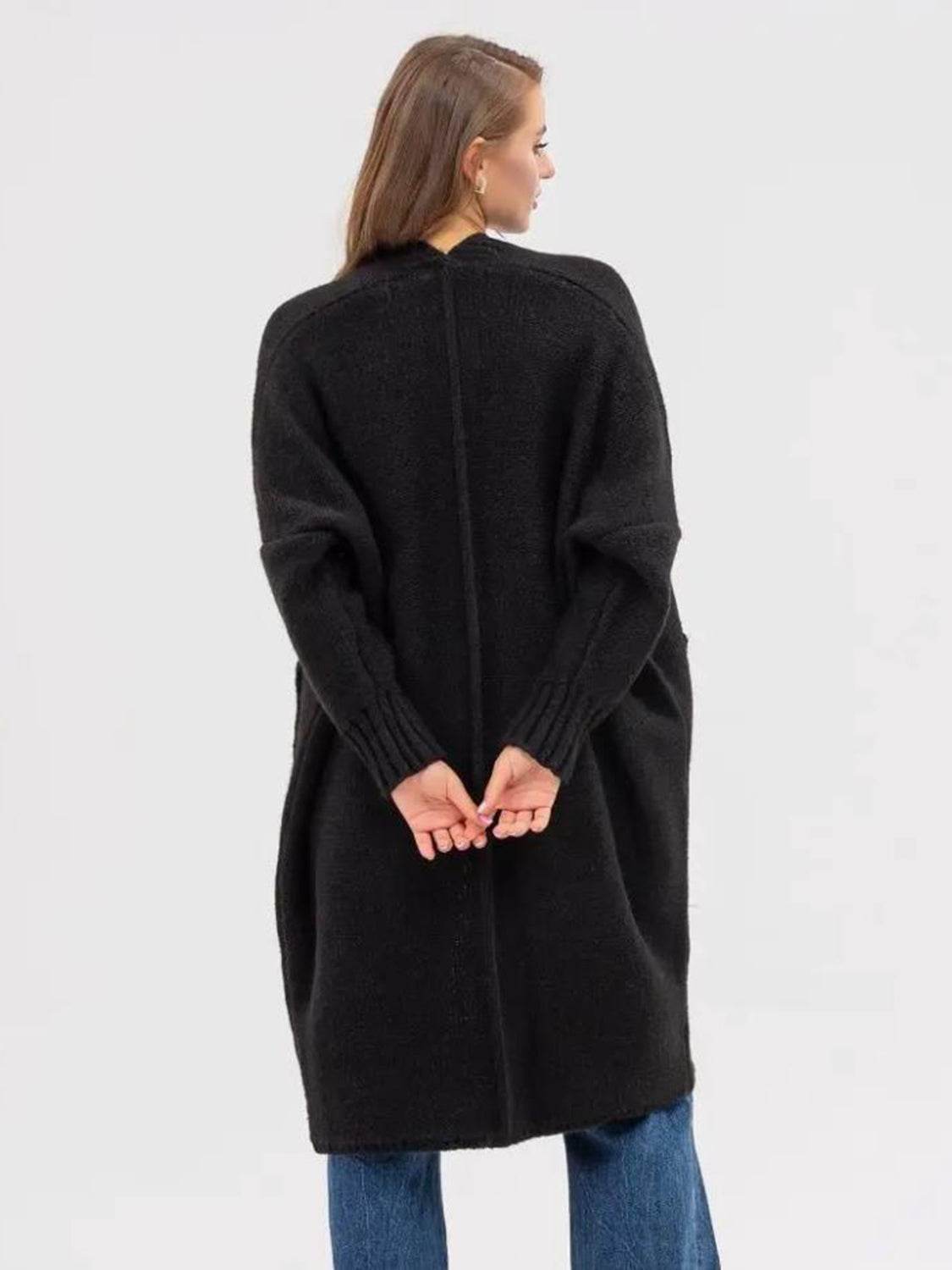 Pocketed Open Front Long Sleeve Longline Cardigan - Amexza