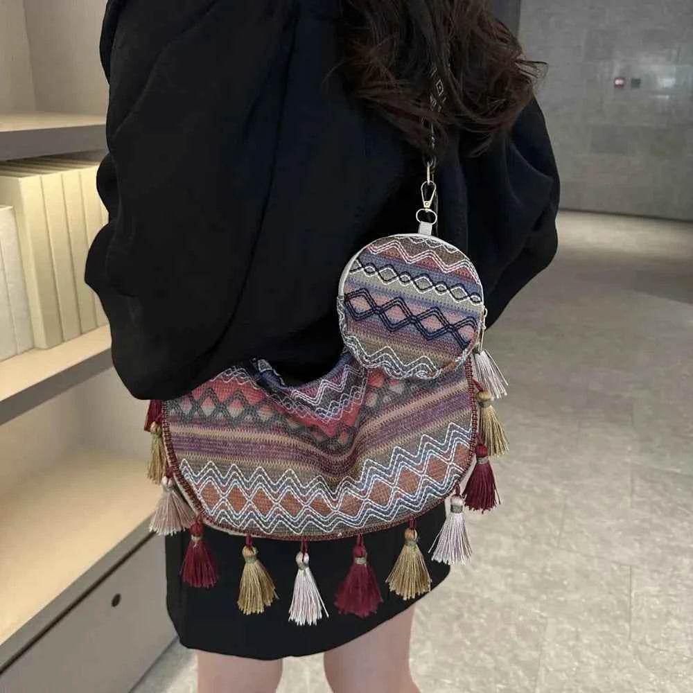 Printed Tassel Detail Crossbody Bag with Small Purse for a perfect OOTD – dress to impress outfits from Amexza
