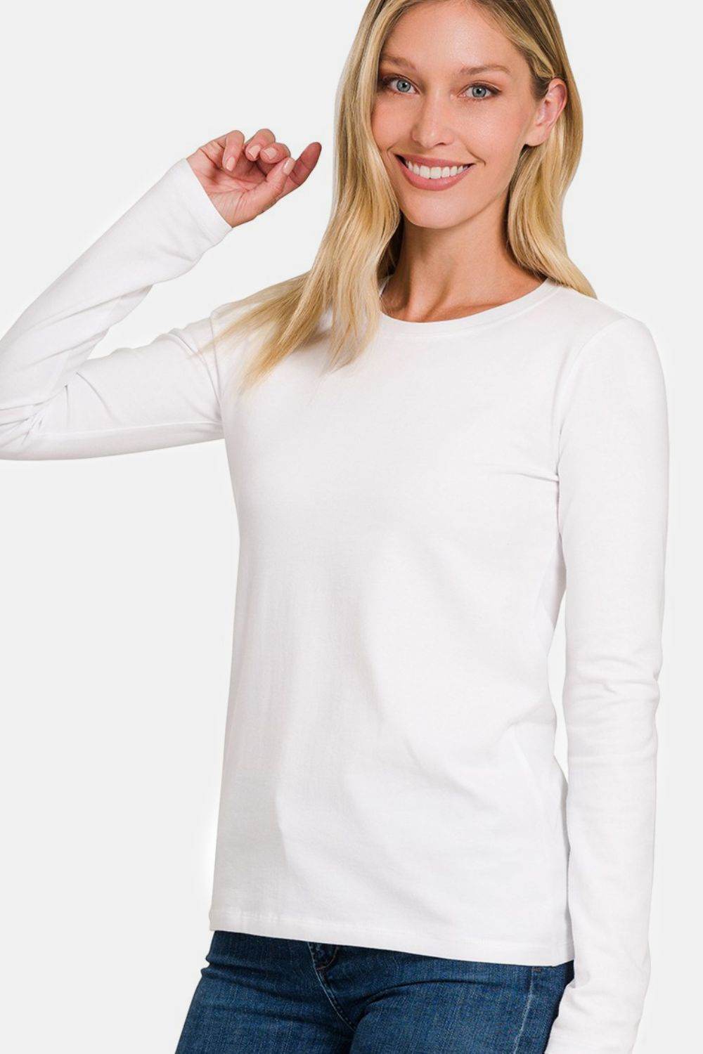 Zenana Full Size Solid Color Round Neck Long Sleeve T-Shirt White for a perfect OOTD – dress to impress outfits from Amexza