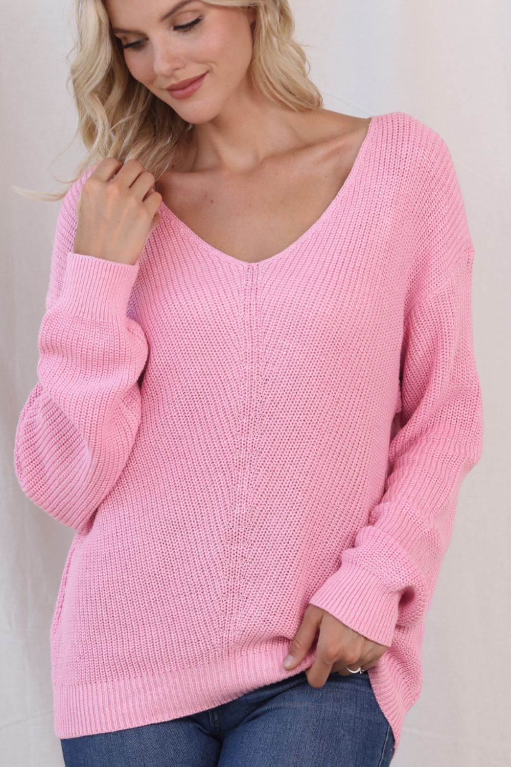 V-Neck Drop Shoulder Sweater Blush Pink for a perfect OOTD – dress to impress outfits from Amexza