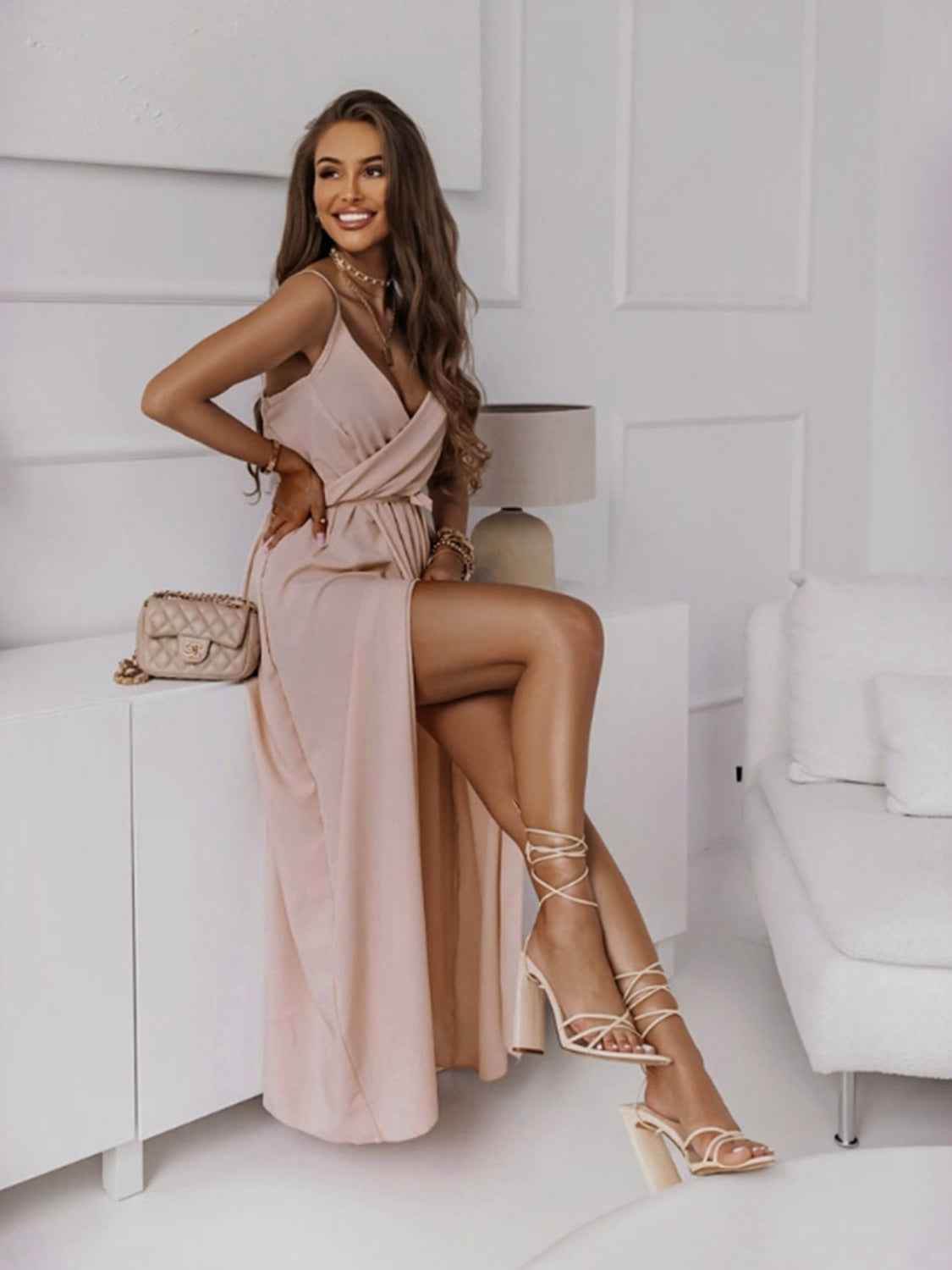 Honey Tied Surplice Sleeveless Midi Cami Dress - Amexza