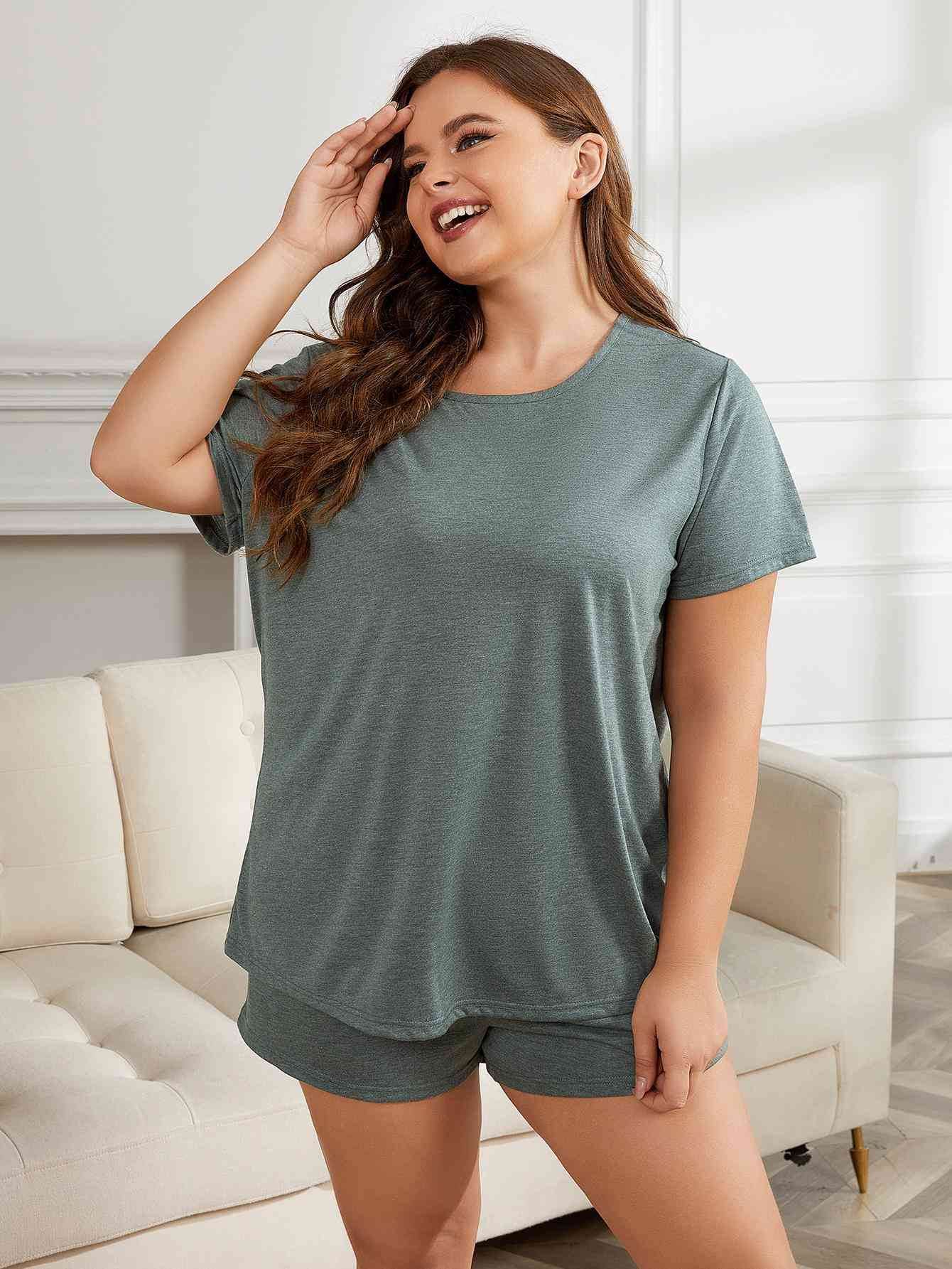 Plus Size Round Neck Short Sleeve Two-Piece Loungewear Set for a perfect OOTD – dress to impress outfits from Amexza