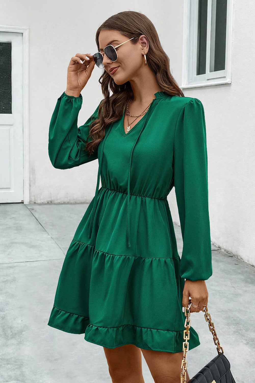 V-Neck Tie Neck Long Sleeve Dress for a perfect OOTD – dress to impress outfits from Amexza