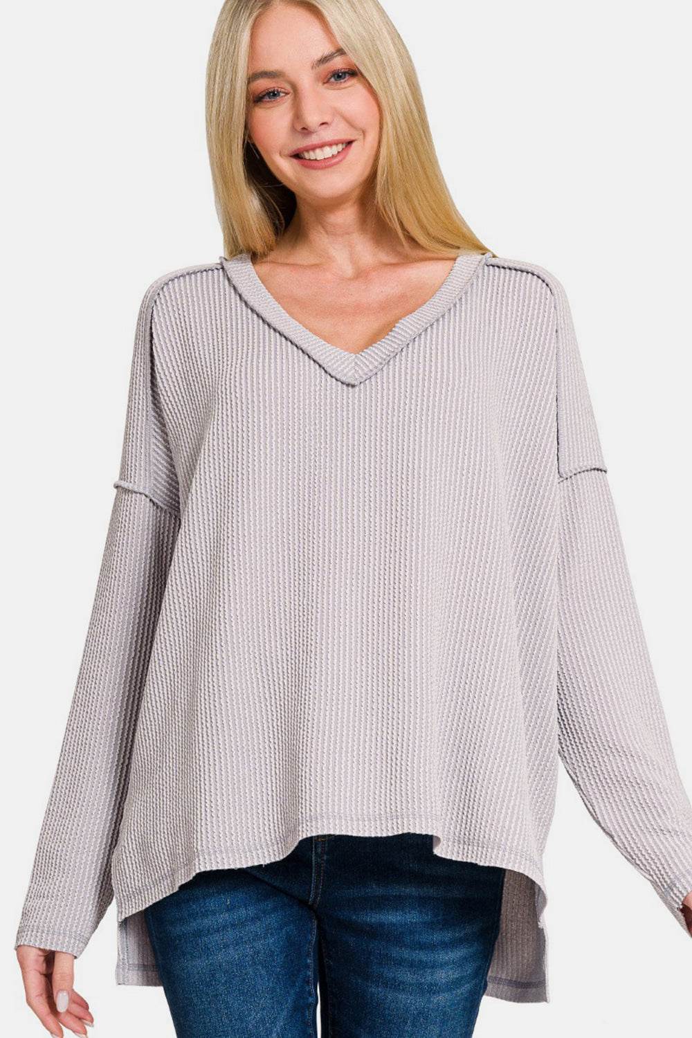 Zenana Texture Exposed Seam V-Neck Long Sleeve T-Shirt Light Gray for a perfect OOTD – dress to impress outfits from Amexza