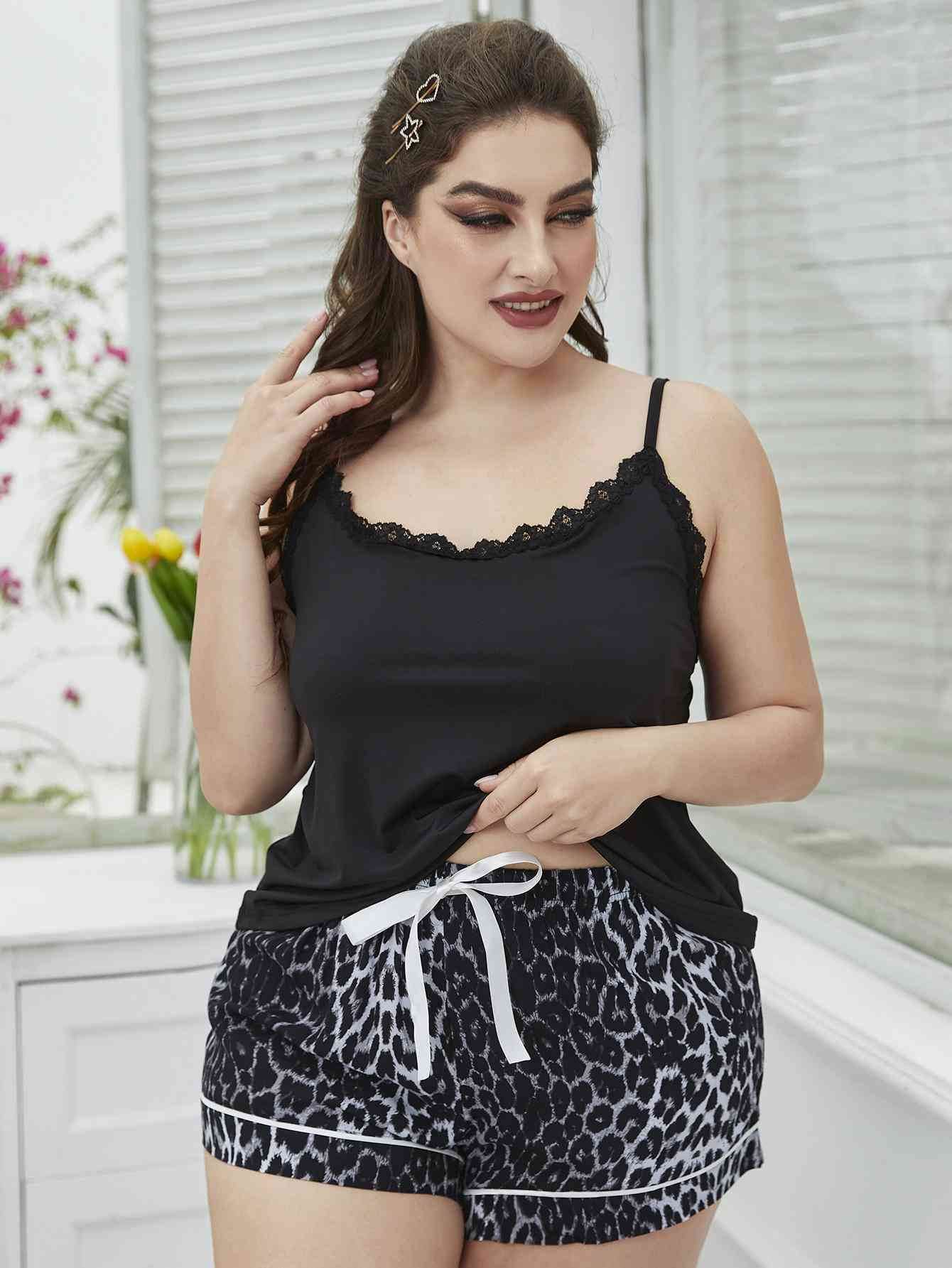 Plus Size Lace Trim Scoop Neck Cami and Printed Shorts Pajama Set Leopard for a perfect OOTD – dress to impress outfits from Amexza