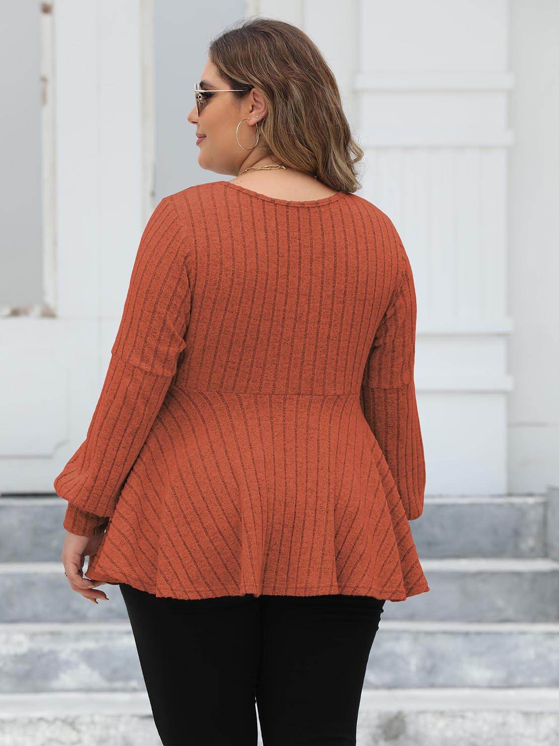 Plus Size Ribbed V-Neck Long Sleeve Blouse for a perfect OOTD – dress to impress outfits from Amexza